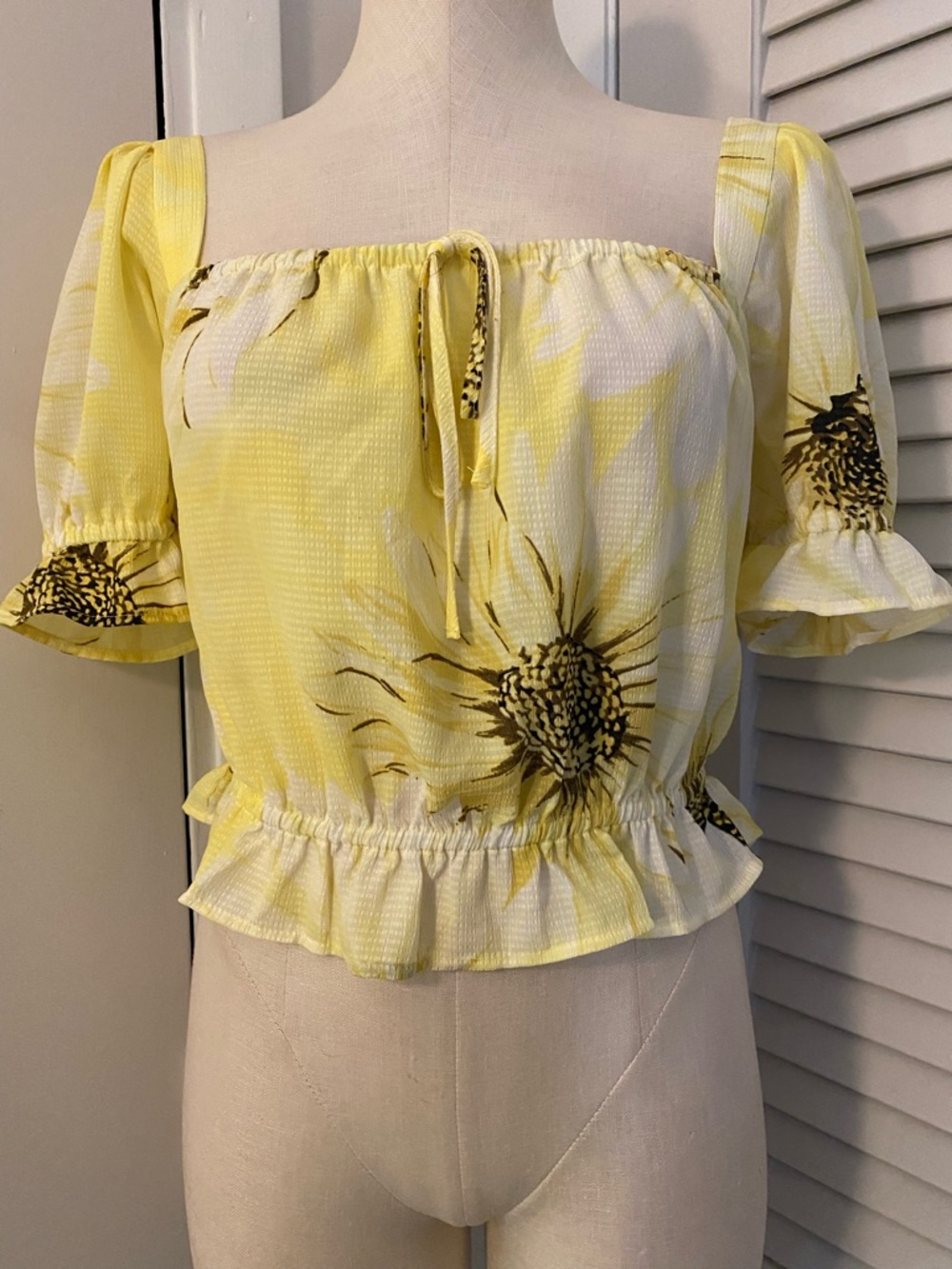 H&M Yellow Floral Square-Neck Crop Top with Tie- Size Small